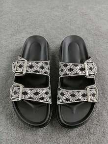 New Summer Rhinestone Beach Slippers Women, Double Buckle Flat Toe-Exposed Thick Bottom Outdoor Sandals - Black - View 1