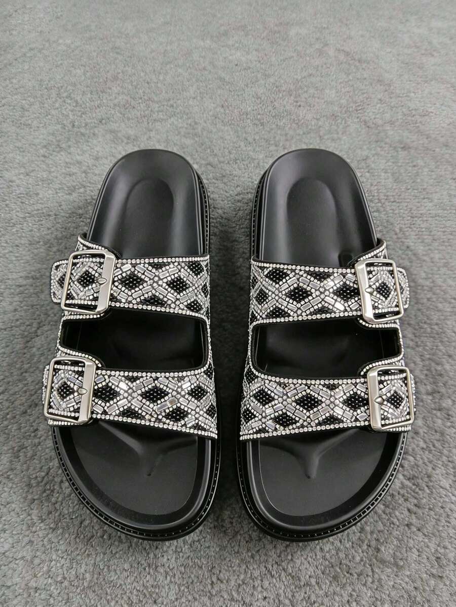 New Summer Rhinestone Beach Slippers Women, Double Buckle Flat Toe-Exposed Thick Bottom Outdoor Sandals - Black - View 1