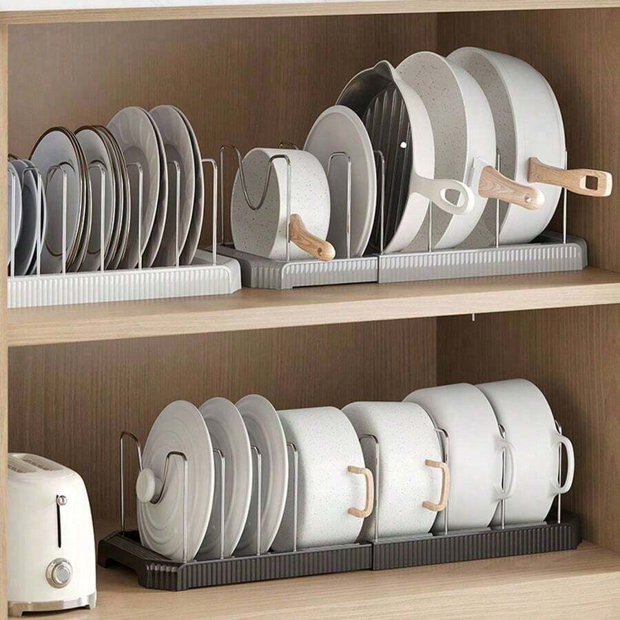 1pc Adjustable Kitchen Organizer Rack, Pot Lid Holder With 7 Compartments, Multi-Functional Cookware Utensil Storage Rack For Counter & Drawer, Space Saving Kitchen Organizer