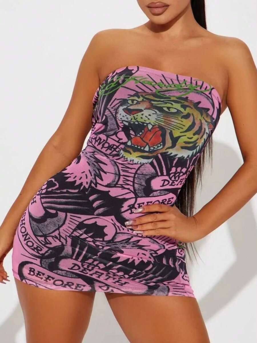 Women's Pink Strapless Bodycon Mini Dress With Roaring Tiger Graphic & Tattoo-Style Typography - Edgy Y2K Party Dress - 粉紅色 - 查看 1