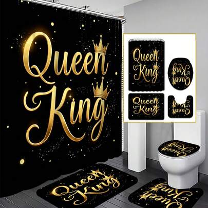 Bộ 1/4 món rèm tắm phòng tắm họa tiết chữ vương miện hoàng gia đen vàng; Phong cách sang trọng nhẹ nhàng, chống thấm nước và chống mài mòn; Bao gồm 12 móc treo, và đi kèm với một tấm phủ bồn cầu, một tấm thảm tắm và một tấm trải sàn; Được làm từ chất liệu nhựa cao cấp, có thể giặt và chống nấm mốc, rất phù hợp để trang trí phòng tắm.