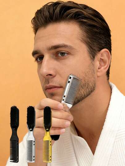 2-In-1 Hair & Beard Brush, Equipped With Comb For Styling Voluminous Hair And Trimming Beard, Designed For Men To Create Natural Voluminous Hairstyle And Maintain Neat Beard