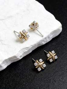 1 đôi bông tai hình chữ "X" bằng bạc S925 và mạ vàng 18K, đính kim cương, thích hợp cho phụ nữ đeo hàng ngày, thời trang. - Bông tai - Xem 1