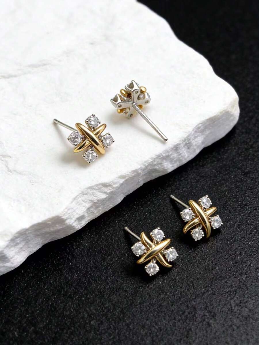 1 đôi bông tai hình chữ "X" bằng bạc S925 và mạ vàng 18K, đính kim cương, thích hợp cho phụ nữ đeo hàng ngày, thời trang. - Bông tai - Xem 1