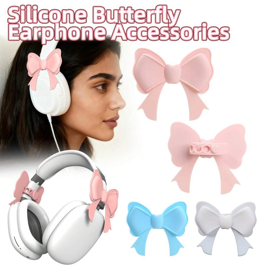 2 Pack Pink Bow Headphone Decorations, Adjustable Silicone Earphone Charms For Girls, Kawaii Headphone Accessories, Compatible With Most Headphones & Earphones - White - View 1