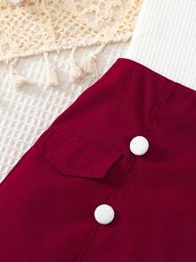 BASUSARRI 2pcs/Set Girls' T-Shirt Top And Colorblock Button Decor Skirt, Elegant Academic Style Versatile Fashion - Red - View 7