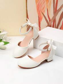 Summer Closed-Toe Hollow Pearl Decor High Heel Sandals, Girls' High Heel Dance Shoes, Student Performance & Daily Activity Sandals - White - View 2