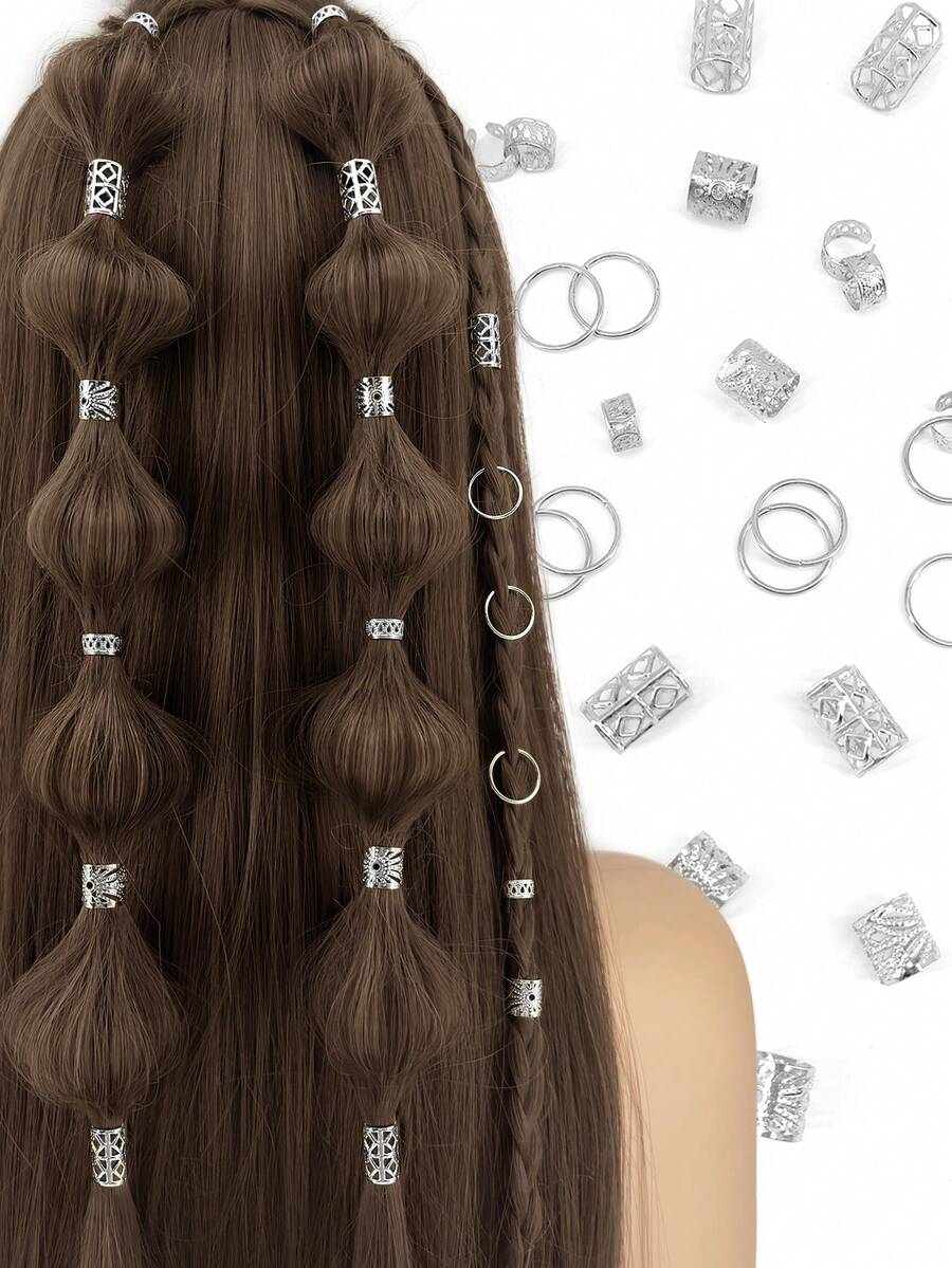 40pcs Silver Hair Accessories Set, Adjustable Hair Clips, Rings, Pearls, Suitable For Braids, Curls, Buns, Girl Hair Decorations - Silver - View 1