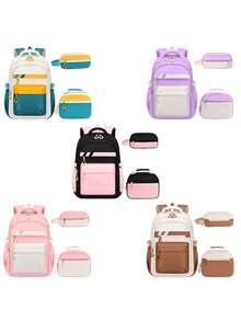 3pcs/Set Girls' Colorblock Student Backpack (With Lunch Bag And Pencil Case), 15.6" Laptop Bag, Polyester Fabric, Large Capacity Lightweight Zipper Closure Minimalist Backpack For School, Commute, Travel And Daily Use - A - View 11