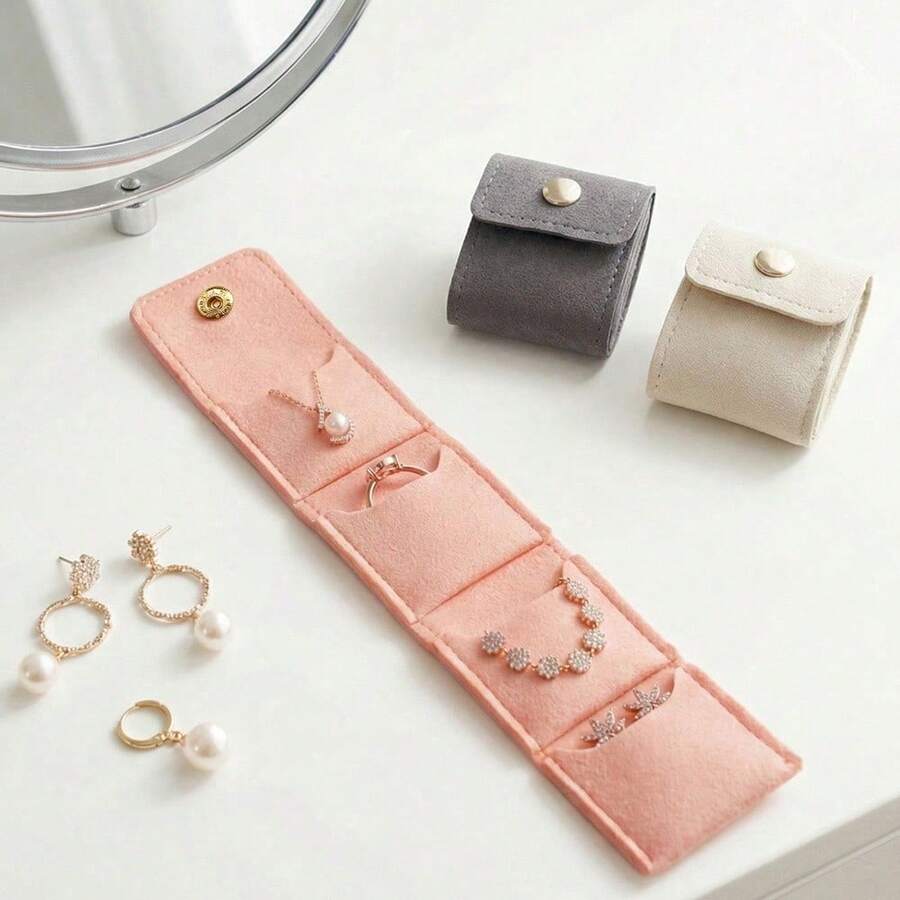 Minimalist Multi-Color Mini Microfiber Leather Roll, Foldable & Portable Pouch For Necklaces/Rings/Earrings, Compact Scratch-Resistant Storage Bag With Dividers & Snap, Women's Commute/Vacdecoration/Business Travel Gift, Travel Essential, Travel Organizer, Holiday Essential, Christmas Gift - 彩色 - 查看 1