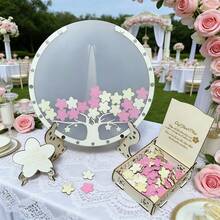 80pcs Cherry Blossom Wooden Wedding Guest Book, Tree-Shaped Wedding Decor Sign-In Book, Message Book - View 1