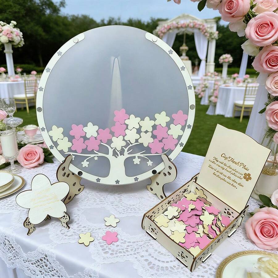 80pcs Cherry Blossom Wooden Wedding Guest Book, Tree-Shaped Wedding Decor Sign-In Book, Message Book - View 1