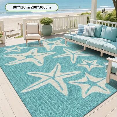 Outdoor Mat With Turquoise Blue & White Starfish Print, Non-Slip Rubber Backing, Machine-Washable Large Rectangular Mat For Patio, Balcony, Living Room, Bedroom, RV Camping - Coastal Beach Decor In Turquoise & White