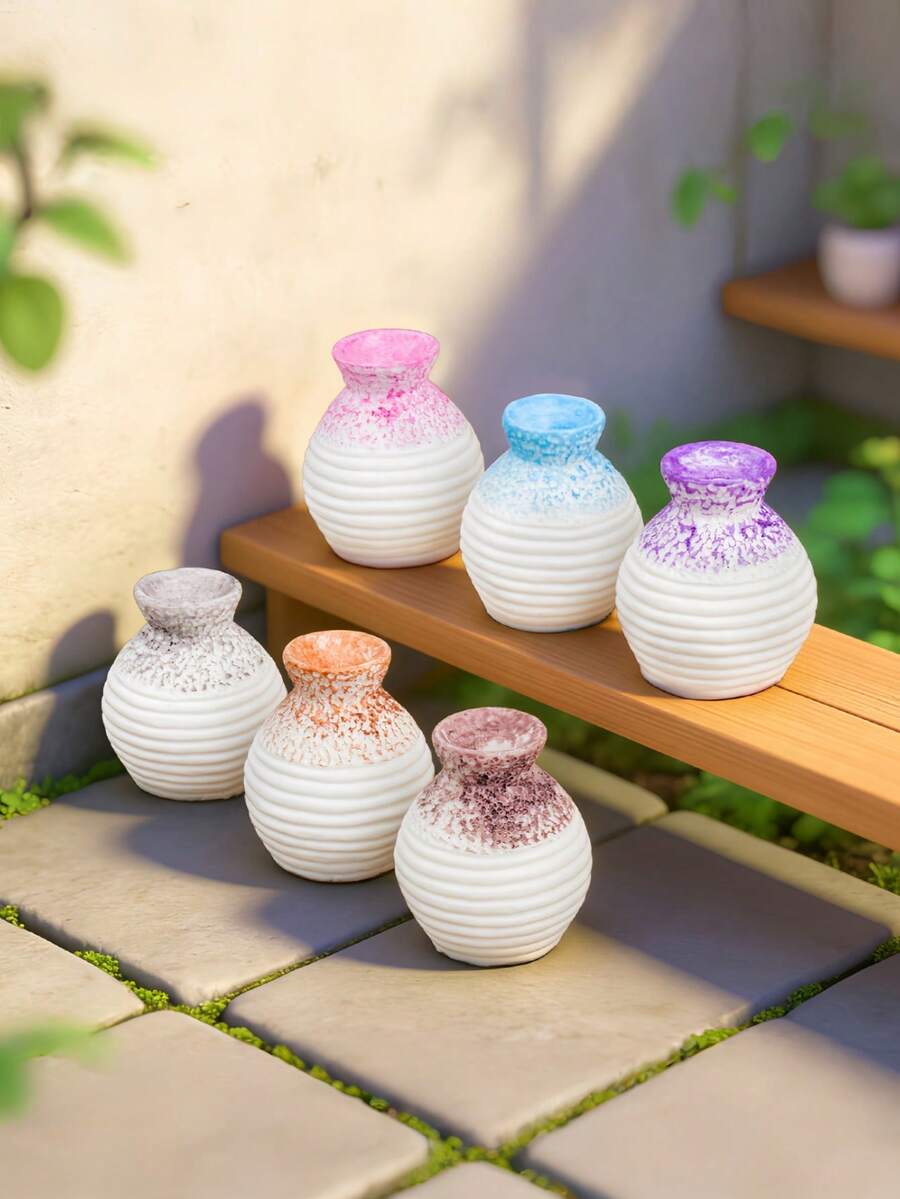 6pcs Miniature Resin Vases, Ceramic-Look Mini Small Flower Vases, Japanese Style & Chinese Style Moss Bonsai Accessories, Creative DIY Craft Decoration, Tabletop Ornament Set, Micro Landscape Accessories, Fairy Garden Supplies, Miniature Gardening Supplies, Aesthetic Desktop Decor, Home Table Decor, Room Decor, Shelf Decor, Glass Vase Style Mini Decor For Home Office Desktop DIY Landscape Decoration - Multicolored Vase - View 1
