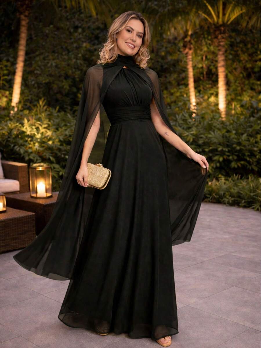 Bridesmaid Dress With Long Cape - Black - View 1