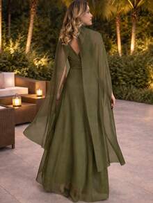 Bridesmaid Dress With Long Cape - Olive Green - View 3