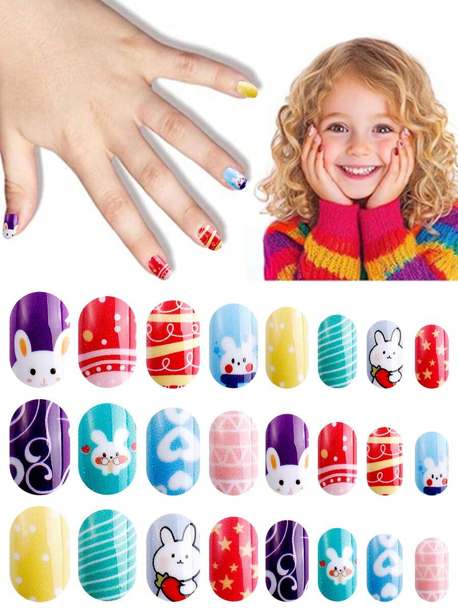 NAIO 24pcs Kids Press On Nails, Cute Bunny Polka Dot Stripe Star Heart Full Cover False Nails Colorful Full Cover Short False Nails For Girls, Cute Mixed Pattern Wearable Nail Kit With Storage Box & Nail File - Multicolor - View 1