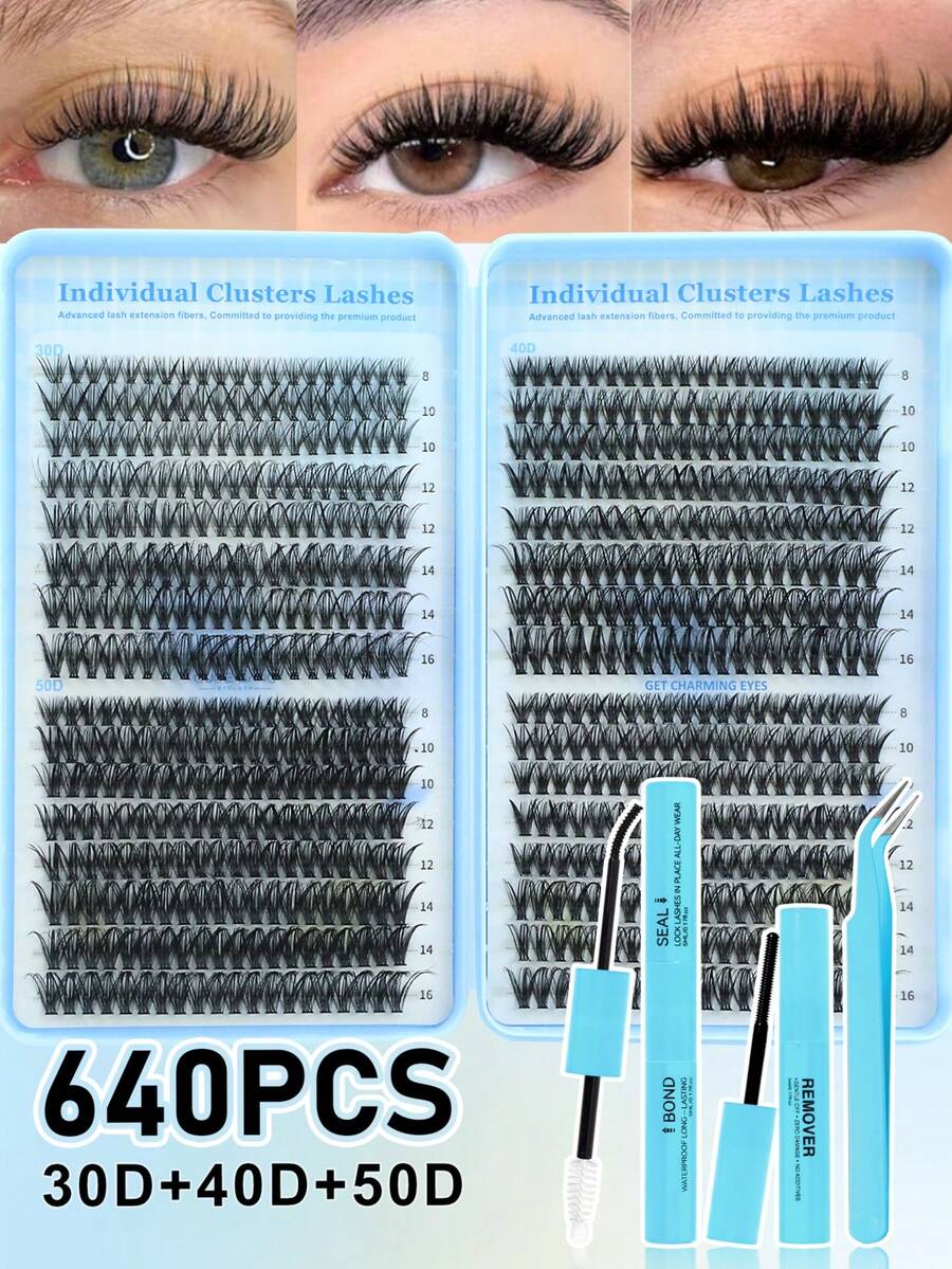 640pcs (30D+40D+50D) DIY Eyelash Extension Kit - Includes False Lashes, Glue, Makeup Remover, Tweezers And Brush, Professional And Beginner Friendly, Easy To Use At Home, Eyelash Extension Set For Beginners: All-In-One Kit With Lashes, Glue, Remover And Tools, Apply Like A Pro At Home - Multicolor - View 1