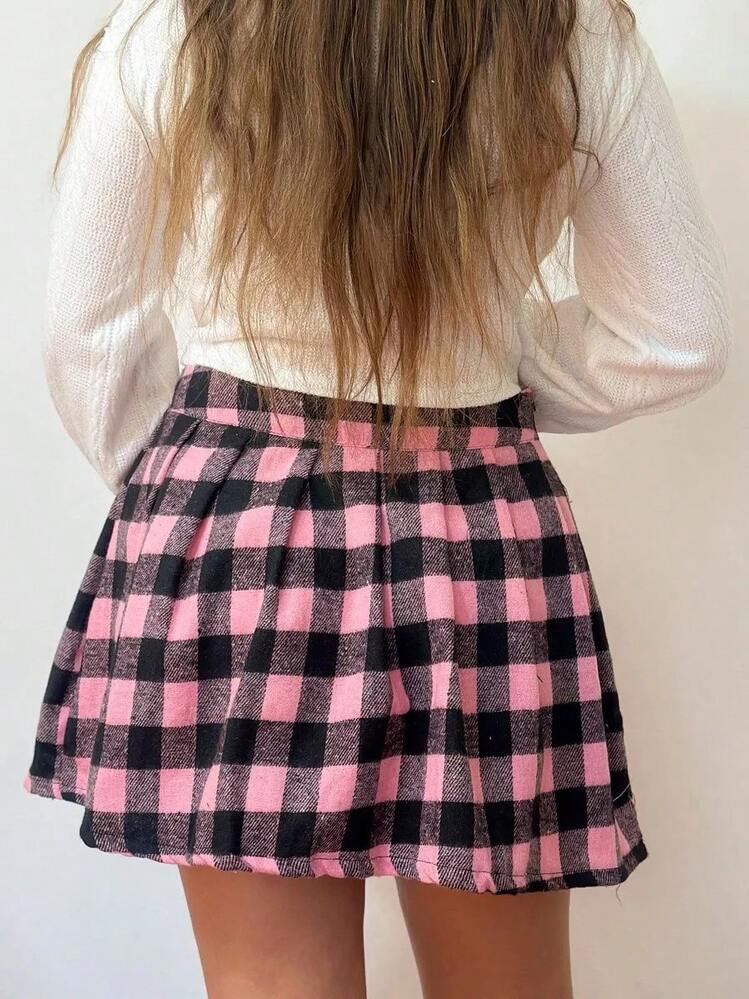 Plaid Skirt For June Festival, Schoolgirl Style, Printed, Round, Women's Adult, Fashion Blogger Style - Pink and Black - View 4