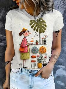 Blusa de mujer con estampado de collage 3D de manga corta y cuello redondo, casual de verano para vacaciones - albaricoque claro - Ver 2