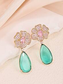 1 Cặp Hoa tai mặt dây chuyền hoa sáng bóng mạ vàng 18k đính đá Cubic Zirconia, trang sức sang trọng cho tiệc tối, ngày lễ tình nhân, mẹ, mẹ, ngày của mẹ, quà tặng - Nhiều màu - Xem 7