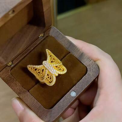 18K Gold Plated Hollow Floral Butterfly Inlaid Zirconia Exaggerated Ring For Women, New Chinese Retro Style