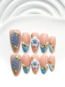 Bộ dụng cụ làm móng tay thủ công kiểu Pháp nhẹ nhàng 10 món, bao gồm bộ dụng cụ làm móng Polygel, họa tiết hoa 5 cánh chuyển màu, vỏ sò vàng, sò điệp, sao biển, hoa trà trắng, nghệ thuật vẽ sóng nước màu trơn, thiết kế dập móng chuyển màu xanh dương, sơn móng tay màu xanh dương. - Nhiều màu - Xem 3