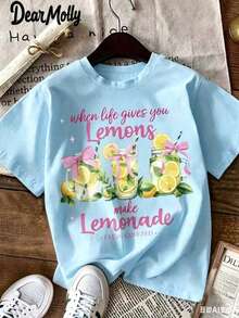 DEAR MOLLY Women's "When Life Gives You Lemons" Lemonade Pattern Print T-Shirt, Casual Retro Lemon Pattern Round Neck Short Sleeve T-Shirt, Suitable - 藍色 - 查看 3
