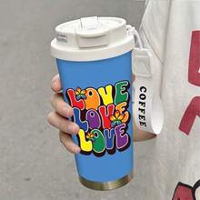 1pc/5pcs 500ml Stainless Steel Vacuum Insulated Coffee Tumbler, Rainbow Love Theme. Rainbow Love Theme Design, Keeps Drinks Hot/Cold, Portable With Hanging Strap, Suitable For Commuting, Travel Or Daily Use. Made Of Stainless Steel To Maintain Beverage Temperature For Long Time. Fashionable Personal Item Or Thoughtful Gift, Essential For Couples. - Blue - Colorful LOVE - View 8