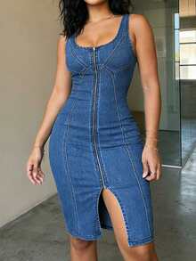 Women's Solid Color Casual Non-Stretch Slit Denim Dress, Simple Slim Fit Versatile Midi Dress Hip-Knee Short Skirt, Worn On The Street In Summer. - 中等水洗藍 - 查看 5