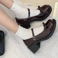 Zapatos de mujer niujin Zapatos Mary Jane con lazo estilo coreano, nuevo modelo de otoño, zapatos de mujer de tacón grueso con puntera cuadrada y cierre, perfectos para combinar con uniformes de instituto - Marrón - Ver 2