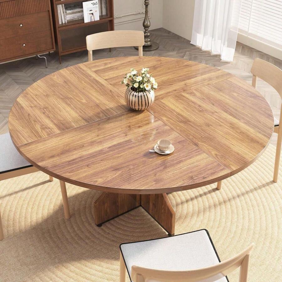 Mesa de Comedor Redonda de Madera Rústica de 47 pulgadas, Estilo Granja para 4-6 personas, Diseño Circular Ahorro de Espacio para Cocina, Apartamento y Desayunador - Madera de nogal - Ver 1