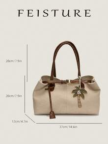 1 pieza Bolso de paja de gran capacidad con decoración de correa FEISTURE, bolso de hombro para vacaciones en la playa con colgante - Marrón - Ver 4