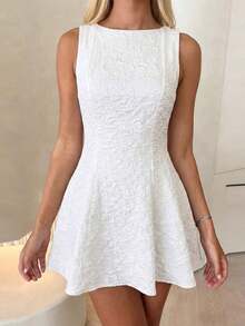 Spring/Summer White Elegant Fashion Date Short Textured Woven Graphic Backless Bow Tie Dress Women - 白色 - 查看 4