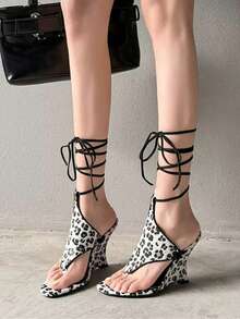 2026 Spring/Summer New Asymmetric High Heel Wedge Ankle Strap Hollow Out Sandals,Polka Dot,Gladiator Sandals - White - View 4