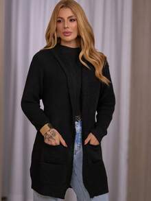 Women's Winter Cardigan, Knitted Cardigan With Hood And Pockets, Long Winter Coat For Women, Casual Everyday Wear, Women's Coats - 黑色 - 查看 1