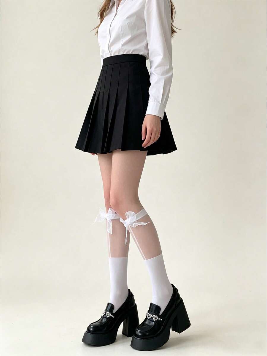 1 Pair Thin Semi-Transparent Summer Style Bow Decor Stockings, Suitable For JK/Lolita Fashion, Solid Color - Multicolor - View 1