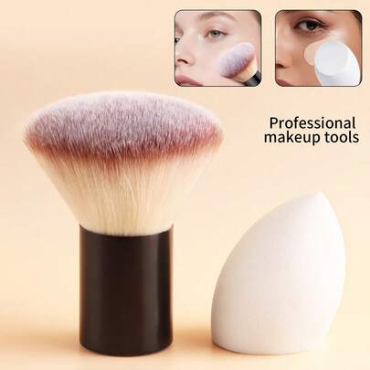 ronshadow Bộ cọ trang điểm: 1 cọ phấn phủ cỡ lớn mềm mại + 1 bông mút trang điểm hình giọt nước, cọ đầu tròn vát chuyên nghiệp dùng để tán phấn toàn mặt, cọ má hồng đa năng, bộ dụng cụ trang điểm cơ bản.