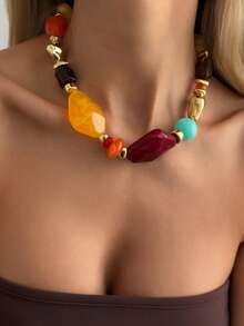 1件复古波西米亚风不对称树脂串珠项链，个性化时尚可调节吊坠项链，适合女性日常佩戴、度假装饰、日常穿搭搭配（珠子的纹理颜色不固定，以实物为准） - 彩色 - 查看 9