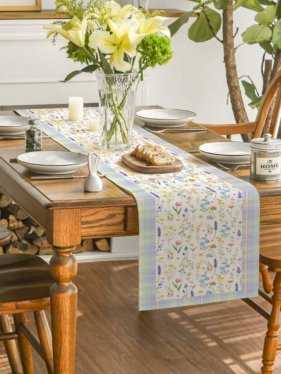 1件水彩花卉叶子黄色薰衣草桌旗，复古春夏黄色水牛格纹农舍户外室内派对厨房餐厅餐桌长方形桌布餐厅派对节日野餐装饰 - 藍白色 - 查看 1