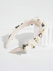 1件优雅春日色彩花朵发箍，韩式水钻雪纺山茶花发圈，适合夏季女士佩戴旅行配饰发带头饰 - 米色 - 查看 2