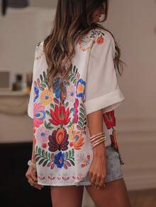 Camisa de mujer de manga corta con botones y estampado floral elegante, adecuada para uso casual diario, primavera/verano, color blanco - Blanco - Ver 2