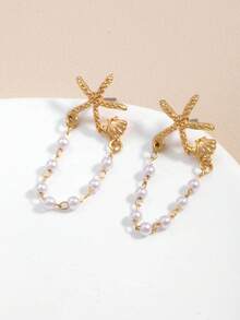 1 Pair Fashionable Starfish & Faux Pearl Earrings, Suitable For Summer Beach, Party, And Formal Occasions - Multicolor - View 6