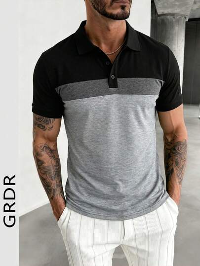  Camisa Polo de Manga Curta Casual com Contraste de Cor GRDR para Homens