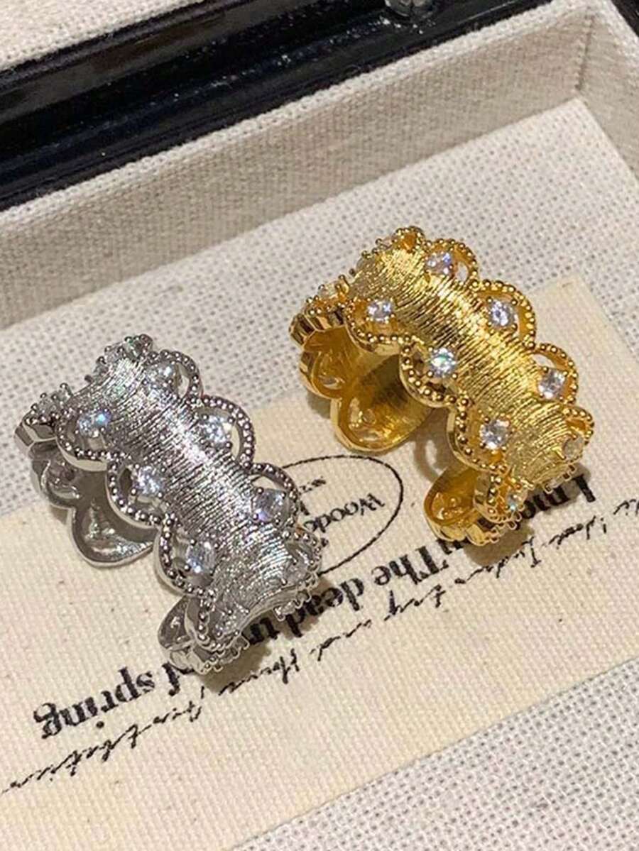 1枚中国风宫廷蕾丝锆石戒指，简约纯色戒圈，女士小众设计 - 彩色 - 查看 1