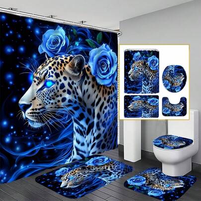 这款1/4套装包含蓝色玫瑰豹纹印花浴帘，饰有蓝色豹纹和蓝色玫瑰图案。升级版U型设计，配有马桶盖和12个挂钩。浴帘尺寸为70.87 x 70.87英寸，印有异域风情的花卉和豹纹图案，优雅实用，是理想的家居装饰礼品，浴室必备，也是馈赠佳品。