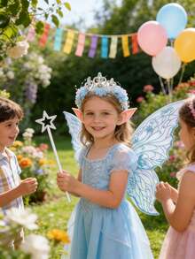 4/1 Stück - Blaues Eisprinzessin Blumenfee Party Kostüm Set - Elegante Blumenkrone Prinzessin Haarreif für Kinder, Mädchen Strass Haarreif Geburtstag Hochzeit Haaraccessoires, Mädchen Fee Set, inklusive blaue Blumenkrone Haaraccessoires, blaue Schmetterlingsflügel, Zauberstab und Elfenohren, Gender Reveal Babyparty, Babyparty Dekorationszubehör - Verschiedenfarbig - Übersicht 4