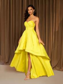 Sexy Yellow V-Neck Criss-Cross Backless Tie-Up Asymmetric Hem Party Evening Dress Wedding - Yellow - View 5
