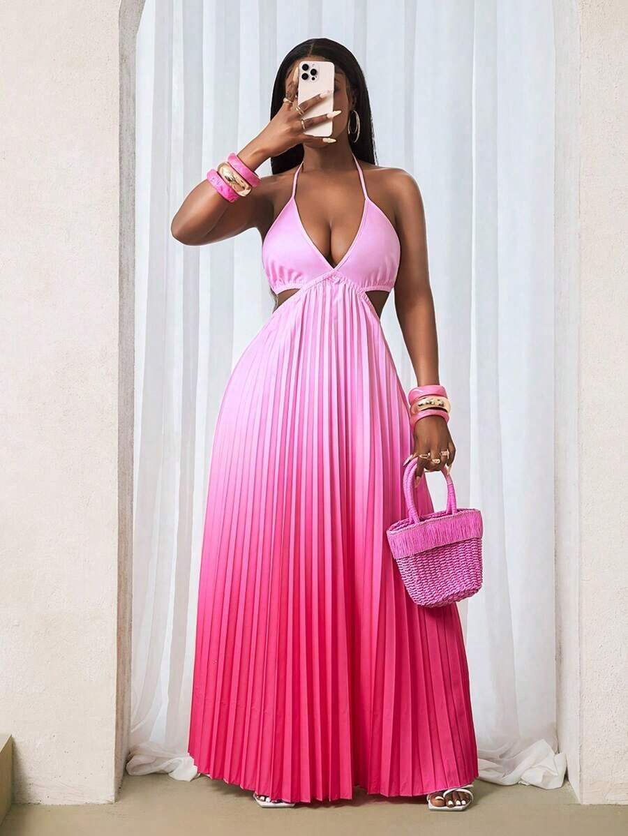 Ombre Color Pleated Backless Sexy Halter Neck Sleeveless Dress - 粉色 - 查看 1