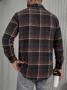 男士重磅格纹衬衫，撞色格纹纽扣上衣，现代都市实用长袖衬衫，优质厚面料落肩休闲街头法兰绒衬衫 - 彩色 - 查看 2